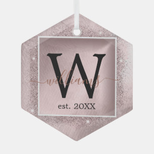 Ornement En Verre Monogramme rose Parties scintillant or