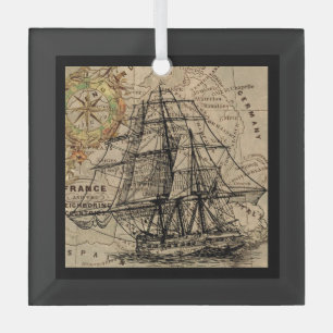 Ornement En Verre Navire Ancien et Carte