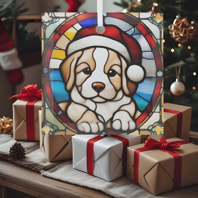 Ornement En Verre Noël Chiot Faux Vitrail (Créateur téléchargé)