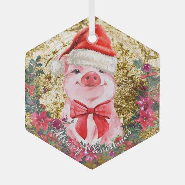 Ornement En Verre Noël Cochon mignon Piglet Wreath Premier Noël C (Recto)