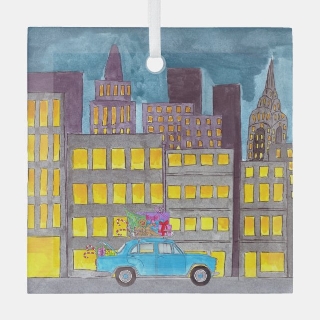 Ornement En Verre Noël dans la ville personnalisable (Recto)