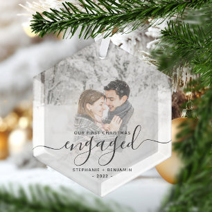 Ornement En Verre Noël Fiancés Photo Personnalisée Grise Script