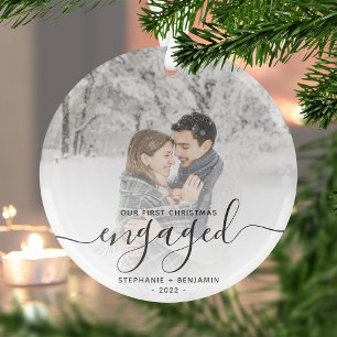 Ornement En Verre Noël Fiancés Photo Personnalisée Grise Script