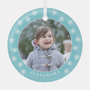 Ornement En Verre Noël Snowflakes Nom personnalisé Photo Bleue