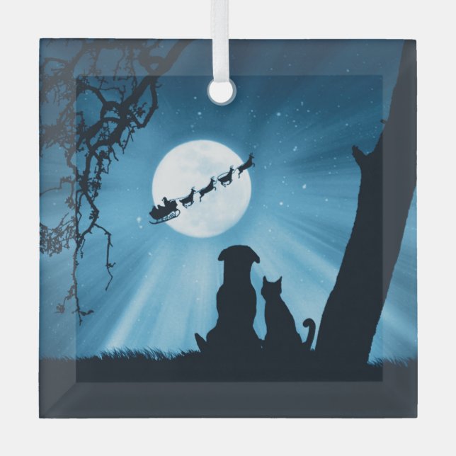 Ornement En Verre Noël Vacances adorables Chien et chat Père Noël (Recto)
