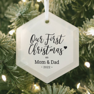 Ornement En Verre Noir & blanc Coeur moderne Maman Papa Noël
