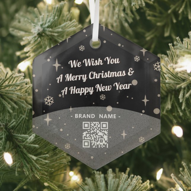 Ornement En Verre Noir Joyeux Noël Nom commercial QR code simple (Insitu)