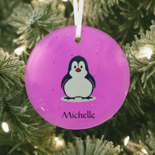 Ornement En Verre Nom personnalisé pingouin mignon sur rose