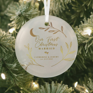 Ornement En Verre Notre Premier Noël Mariés Écriture Botanique