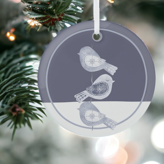 Ornement En Verre Oiseaux bleus nordiques de Noël (Nordic Christmas Blue Birds Glass Ornament from Ricaso)