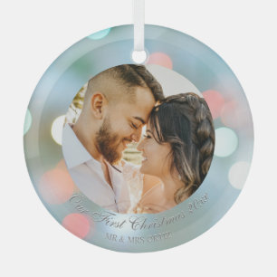 Ornement En Verre Our First Christmas DIY Names Date Photo Grey Text