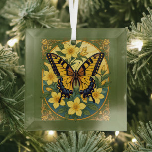 Ornement En Verre Papilio glaucus Papillon avec jasmin jaune