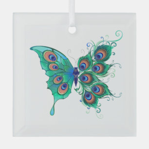 Ornement En Verre Papillon aux plumes de paon vert