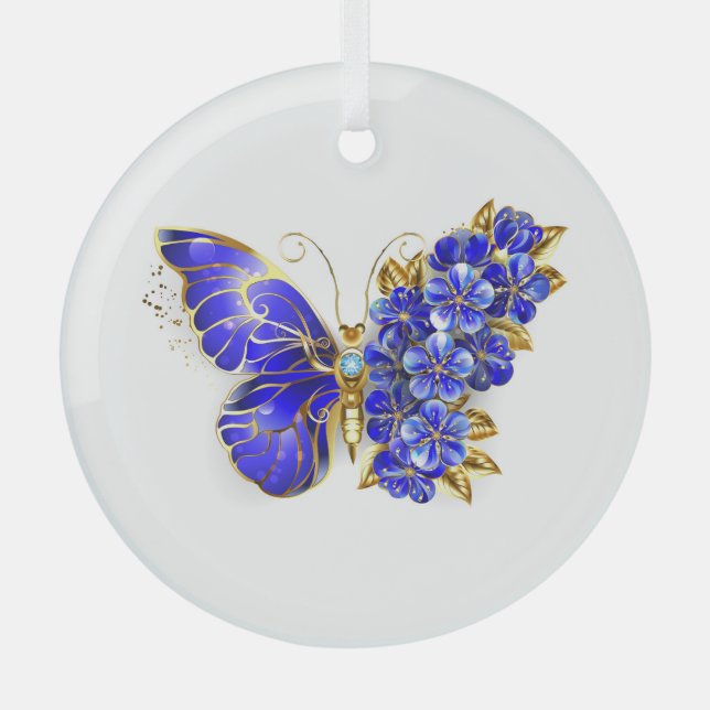 Ornement En Verre Papillon saphir à fleurs (Recto)
