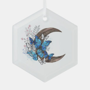 Ornement En Verre Papillons bleus sur croissant en bois