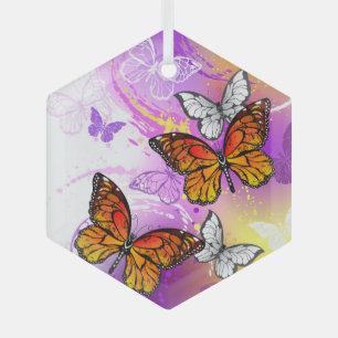 Ornement En Verre Papillons Monarque sur Arrière - plan pourpre