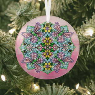 Ornement En Verre Papillons roses Mandala Noël