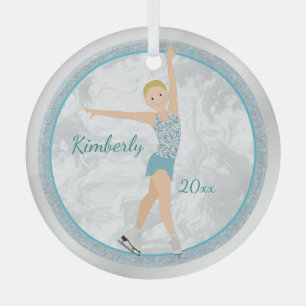 Ornement En Verre Patinage Figure Blonde En Aqua