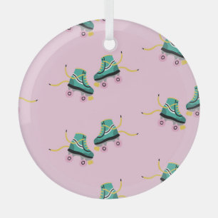 Ornement En Verre Patins à rouleaux rétrogrades : motif rose.