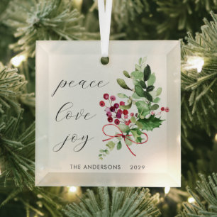 Ornement En Verre Peace Love Joy Holly Berry Red