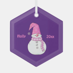Ornement En Verre Personalisé Purple Décoré Snowman Nom Année