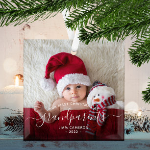 Ornement En Verre Photo de Noël des grands-parents en écriture blanc