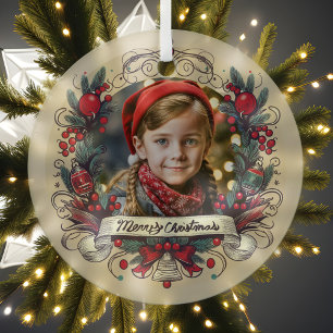Ornement En Verre Photo de vacances Portrait Festif Rouge & Turquois