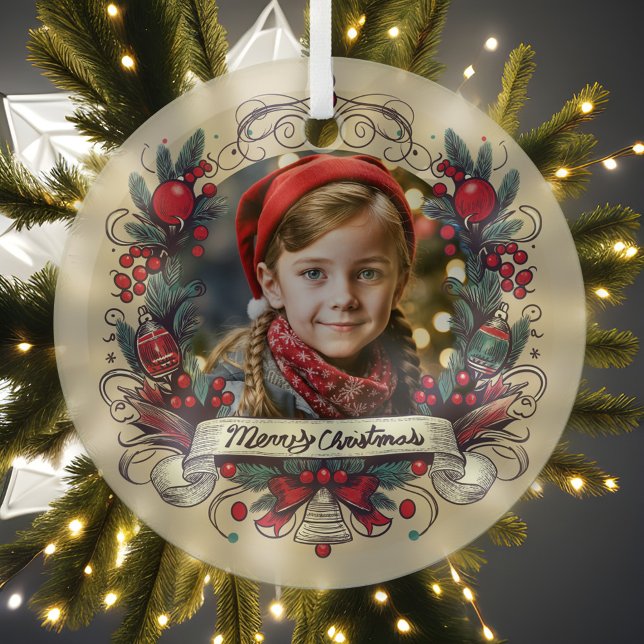 Ornement En Verre Photo de vacances Portrait Festif Rouge & Turquois (Glass photo Christmas ornament with your holiday portrait beautifully framed by a vibrant wreath.)