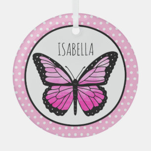 Ornement En Verre Point Polka Magenta Butterfly Personnalisé