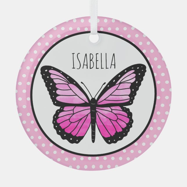 Ornement En Verre Point Polka Magenta Butterfly Personnalisé (Recto)