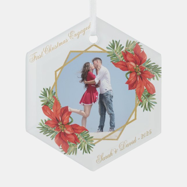 Ornement En Verre Premier Noël Engagé Photo Poinsettia Pine Gold (Recto)