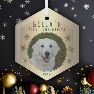 Ornement En Verre Premier Noël Golden Snowflake Dog Photo