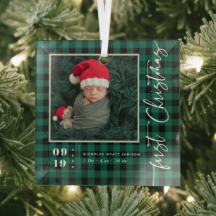 Ornement En Verre Premier Script de Noël Bébé Naissance Statistiques