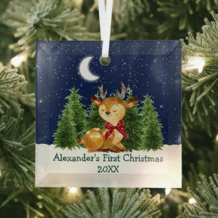 Ornement En Verre Première aquarelle de Noël du bébé Cerf Bow rouge