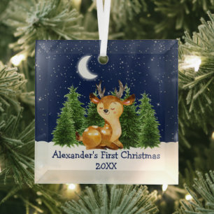 Ornement En Verre Première aquarelle de Noël du bébé Forêt du ciel d