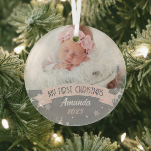 Ornement En Verre Première photo de Noël Blush rose Baby Girl