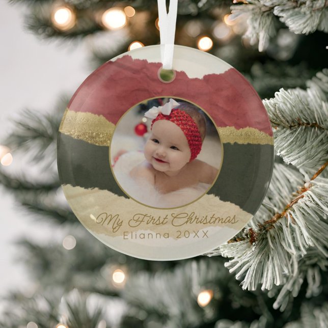Ornement En Verre Première photo de Noël du bébé personnalisé modern (Créateur téléchargé)