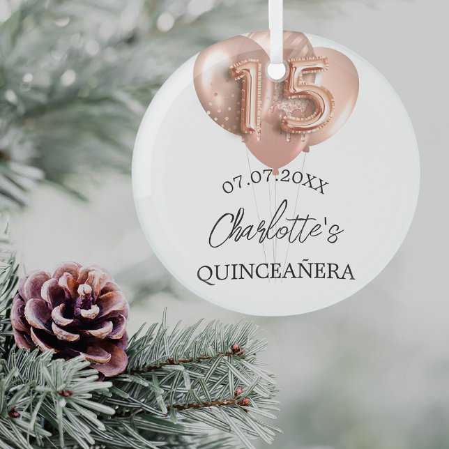 Ornement En Verre Quinceanera nom de ballons d'or rose blanche (Créateur téléchargé)