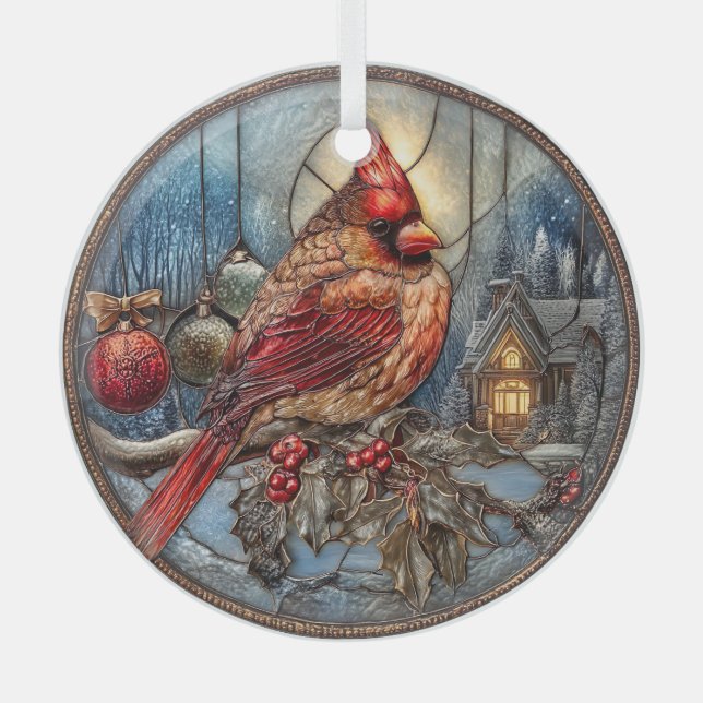 Ornement En Verre Red Cardinal Winter Scene with Holly  (Recto)