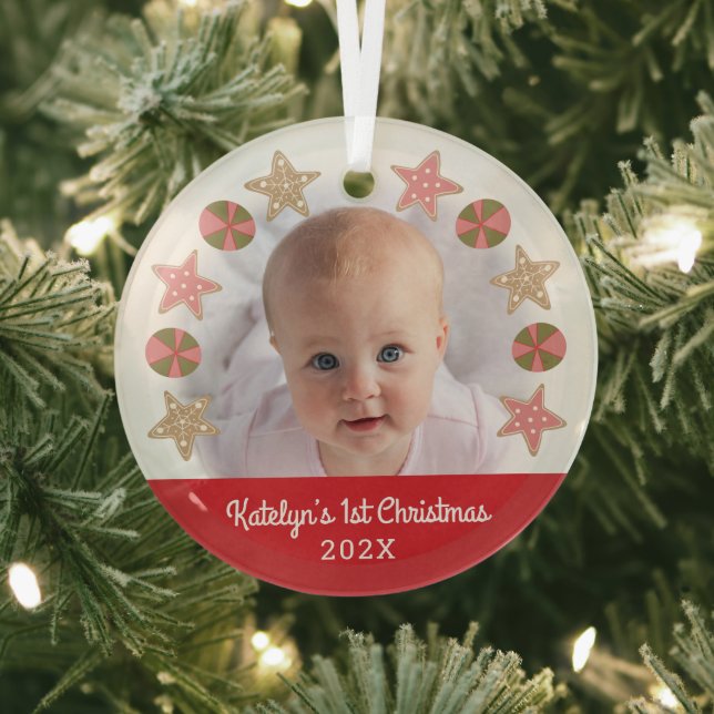Ornement En Verre Red First Christmas Baby Photo Girl Cookie Wreath (Insitu)