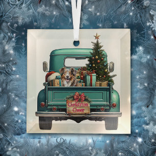 Ornement En Verre Red Merle Australian Shepherd Farm Truck Noël