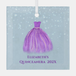 Ornement En Verre Robe Magenta Quinceanera sur bleu étoilé avec nom
