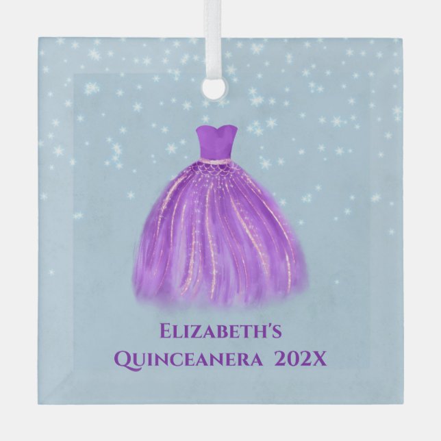 Ornement En Verre Robe Magenta Quinceanera sur bleu étoilé avec nom (Recto)
