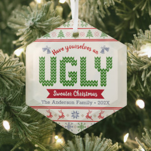 Ornement En Verre Rouge Vert Knit Ugly Sweater Noël Tacky Nordic