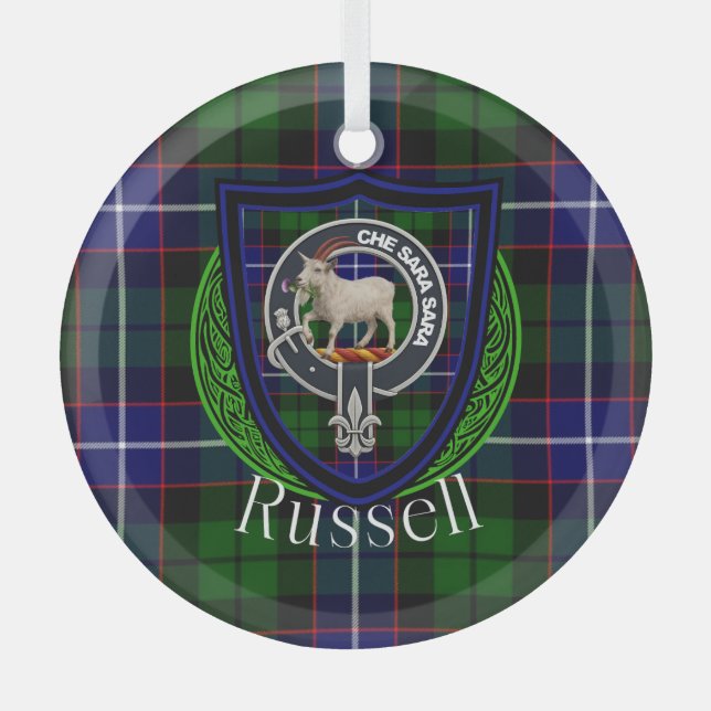 Ornement En Verre Russell Scottish Clan Tartan & Crest (Recto)