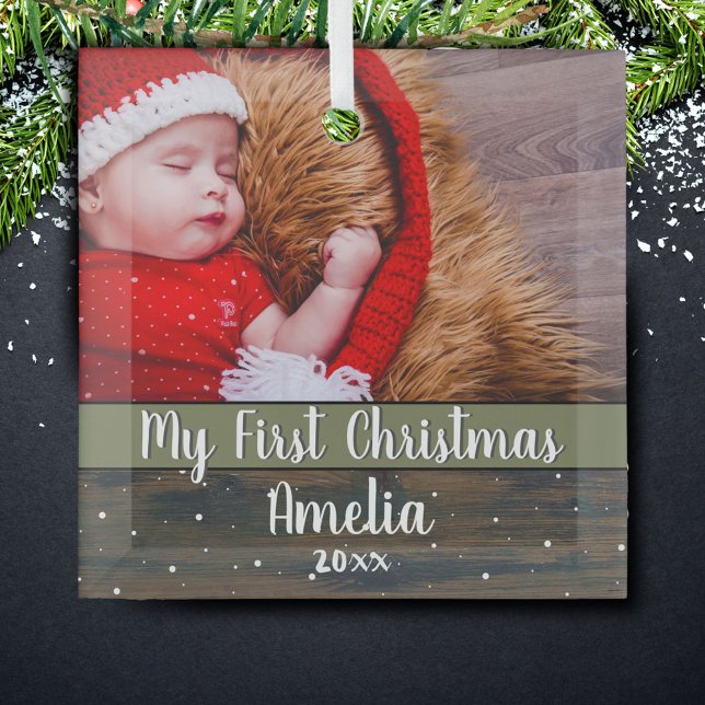 Ornement En Verre Rustic Wood Ma première photo de bébé de Noël (Créateur téléchargé)