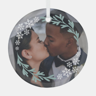 Ornement En Verre Snowflakes & Greenery Wreath Your Photo