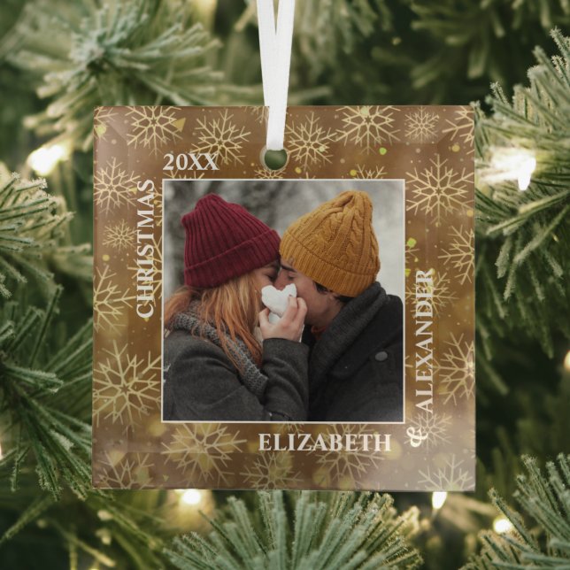 Ornement En Verre Snowflakes mariés Photo Gold (Insitu)
