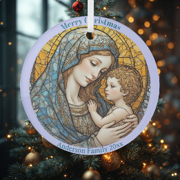 Ornement En Verre Stained Glass Madonna and Child Christmas Ornament