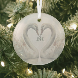 Ornement En Verre Swans romantiques Mariage Couple Monogramme